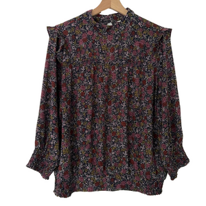 REITMANS MULTI COLOURED ROSE PRINT TOP/BLOUSE WITH RUFFLE/SHIRRED DETAILS, LARGE